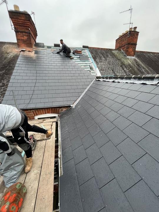 Slate reroof in progress
